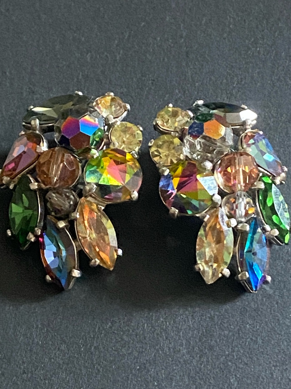 Vintage MCM AB Rhinestones “Fruit Salad” Clip-On Earrings Marked Pat. 156452
